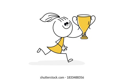 Girl running with a trophy in her hands. Hand drawn vector illustration.