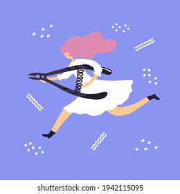 Girl running with tweezers. Manicure process. Vector illustration. Beauty cabinet, parlor. Hand care. Love self. Nails specialist. Poster, print, sticker, card design. 