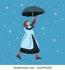 girl running under an umbrella and it's raining illustration