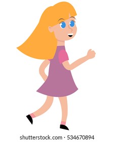 Girl running vector, happy blonde girl with dress.