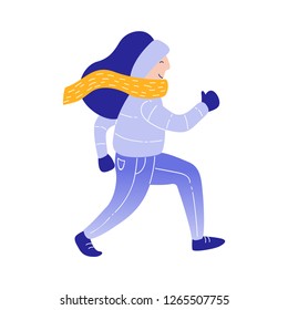 Girl running in winter. Isolated vector illustration