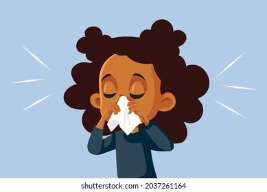 Girl with Runny Nose Feeling Unwell Vector Cartoon. Sick child having the flu sneezing and having nasal congestion during cold season
