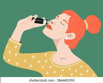 Girl with a a runny nose spray. Treatment of Allergy, nasal congestion. Vector medical illustration