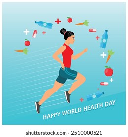 Una niña corre en el contexto de un estilo de vida saludable. Celebración del Día Mundial de la Salud. Concepto del Día Mundial de la Salud. Ilustración vectorial plana.