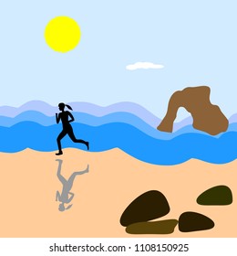 The girl runs along the seashore