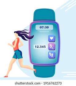 
The girl runs, and the app in the smartwatch tracks her workout.