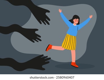 The girl runs away from fear, social influence, control and manipulation. Concept of escaping from addiction and dependence. Colored flat textured vector illustration of man attached to creeping hands