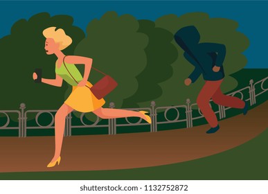 girl runs away from maniac in Park at night. cartoon vector illustration