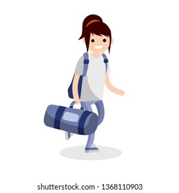 Girl runs with a big blue sports bag. A woman goes to training and carries a load. Backpack and vacation. Character in jeans and white t-shirt. Cartoon flat illustration
