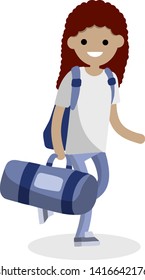 Girl runs with a big blue sports bag. A woman goes to training and carries a load. Character in jeans and white t-shirt. Cartoon flat illustration. Backpack and vacation