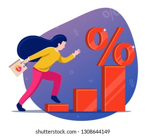 girl runs the diagram to the discount symbol. low price in the store. character vector illustration