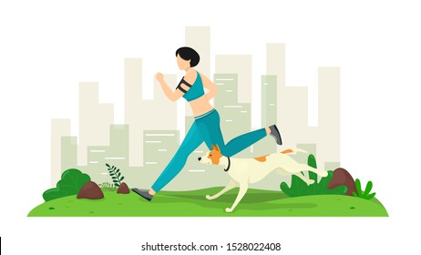 Girl Runs With A Dog In The Park. Sports Running With A Pet. Vector Illustration In Cartoon Flat Style. Smartphone, Health, App.