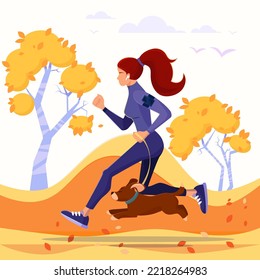 A girl runs with a dog through the autumn park, sports, autumn. Vector graphics