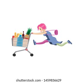 The girl runs with a grocery cart and a bag. Cartoon humor style. Vector illustration. eps 10