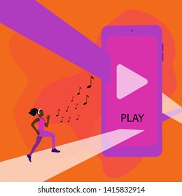 girl runs and listens podcasts. wireless headphones and music notes in concept illustration of podcasts and music streams. bright vector illustration