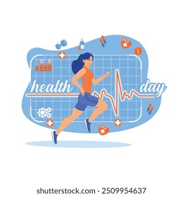 Uma garota corre de manhã. Gráfico de integridade como plano de fundo. Conceito do Dia Mundial da Saúde. Ilustração de vetor plano.