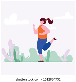 Girl runs in nature. She run in a park. Morning or evening run. Athletic woman. Healthy and sporty lifestyle.