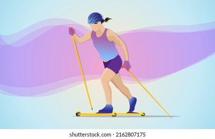 A girl runs on roller skates with ski poles. Abstract background.