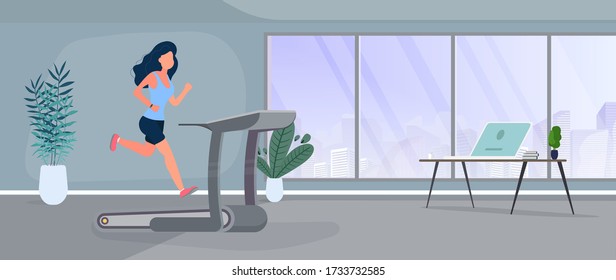 Girl runs on a treadmill. The girl is engaged in a running simulator. The concept of sport and healthy lifestyle. Gym, exercise machine. Vector.