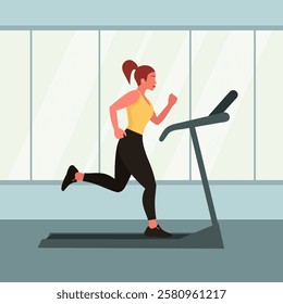 A girl runs on a treadmill in the gym. Flat style.