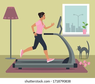 Girl runs on a treadmill with headphones at home. On the floor are dumbbells. The cat is looking at the mistress.
