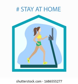 A girl runs on a treadmill at home