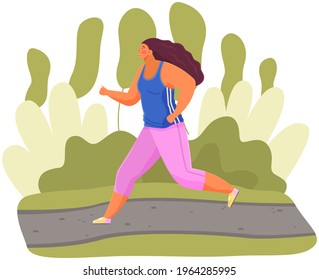 Girl runs in park. Morning running of sportswoman in fresh air. Sports activity and healthy lifestyle concept. Female character doing jogging outdoor. Athlete doing sports and morning exercises