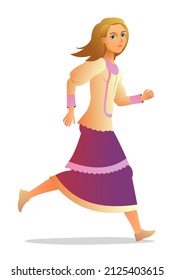 girl runs past. Side view. Russian folk clothes. Cartoon funny style illustration. Isolated on white background. Vector.