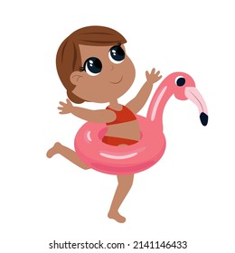 A girl runs in a pink bathing suit and with a pink flamingo rubber ring. The child smiles happily. Cartoon illustration.