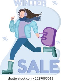 A girl runs with a shopping bag in a down jacket, scarf, earmuffs, ugg boots vector simple illustration. Winter sale banner with a running woman in winter clothes in flat vector style. Space for text