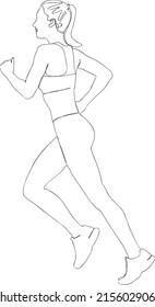 The girl runs in sports clothes and sneakers. One line drawing.