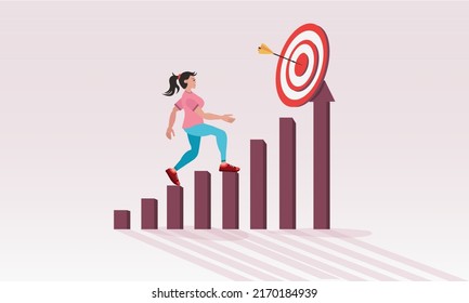 The girl runs up the stairs towards the targeting target. Business goals concept. Targeting and targeted advertising. Illustration for website and graphic designs. Growth, progress towards the goal.