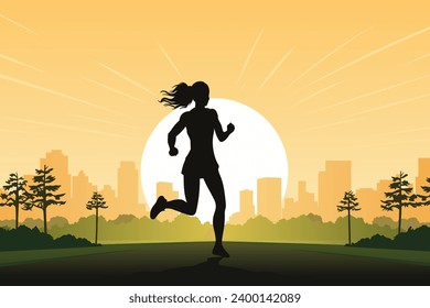 Girl runs through a city park against the backdrop of trees, houses, skyscrapers and sunset. Silhouette of a running girl against the backdrop of a city landscape. 