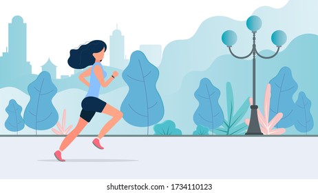 La chica corre por el parque. Mañana corriendo. El concepto de deporte y estilo de vida saludable. Vector.