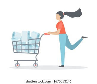 A girl runs through the store with a cart full of toilet paper. Panic over the virus. Flat vector illustration.