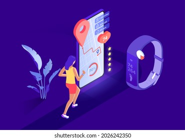 The girl runs with tracking of the route, location, heart rate, calories using a fitness bracelet or smart watch. Fitness mobile app. Vector isometry