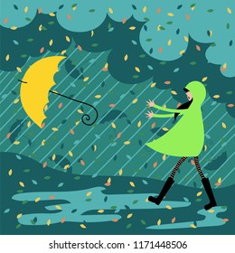 the girl runs for an umbrella