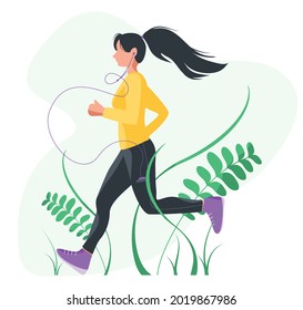 Das Mädchen rennt. Eine Frau auf einem Jogg. Sportliche Charaktere für Training, Cardio-Übungen, Marathon, Stadtlauf. Mädchen mit schlankem Körper, gesunder Lifestyle. Joggertraining. Vektorflache Cartoon-Illustration. 