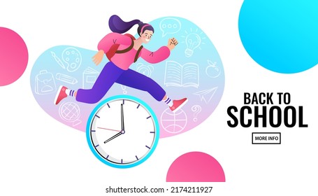 The girl rushed to school. Cheerful schoolgirl and clock. Characters running learning preparing for exams students entrance examination education counseling vector illustration.