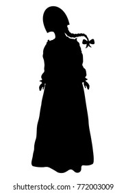Girl in Russian national costume silhouette, vector outline portrait, black and white contour drawing. Woman full-length in russian folk dress and kokoshnike, with scythe, isolated on white background