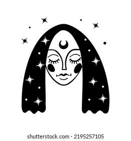 Girl s face with closed eyes and stars in her hair, simple boho tattoo, mystical logo. Vector illustration for halloween isolated on white background.