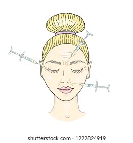 The girl s face with hair gathered in a bun and a syringe in her face. Vector color illustration drawn by hand.