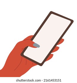 The girl s hand is holding a phone. Vector, white background