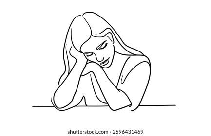 Girl is sad alone on white background. Loneliness, melancholy, depression. Line art drawing. Vector illustration