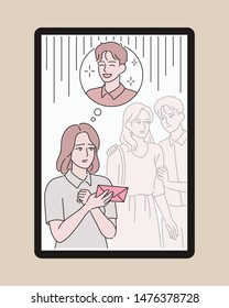 A girl is sad because she can't confess to her favorite boy. hand drawn style vector design illustrations.