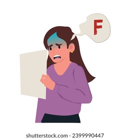 Girl sad because she got a low grade on the test, student failed, grade F on the test. Vector illustration