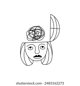 Girl, sad girl, confusion, head with thoughts, black and white vector illustration.