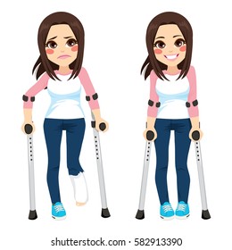 Girl with sad expression and broken leg walking with crutches then happy after recovery