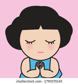 Girl With Sad Facial Expression Closing Her Eyes While Begging, Greeting, Praying Or Respecting Concept Card Character illustration