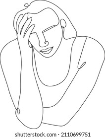 Girl sad. Headache, insomnia. Vector line illustration.